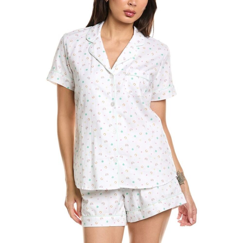 Petite Plume Womens  2Pc Woven Twill Short Sleeve Short Set, White